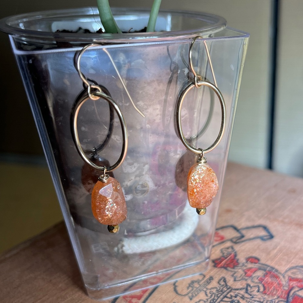 New Sunstone Beaded Earrings with Gold Hoops